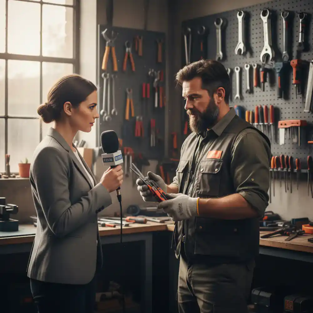 Journalist interviewing a tool specialist
